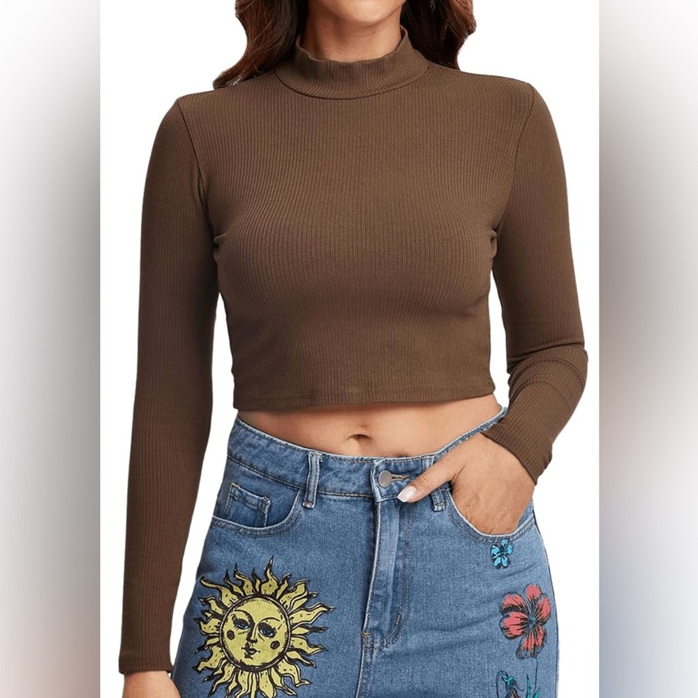 Brand New Brown Ribbed Mock Neck Long Sleeve Crop Top - SZ L